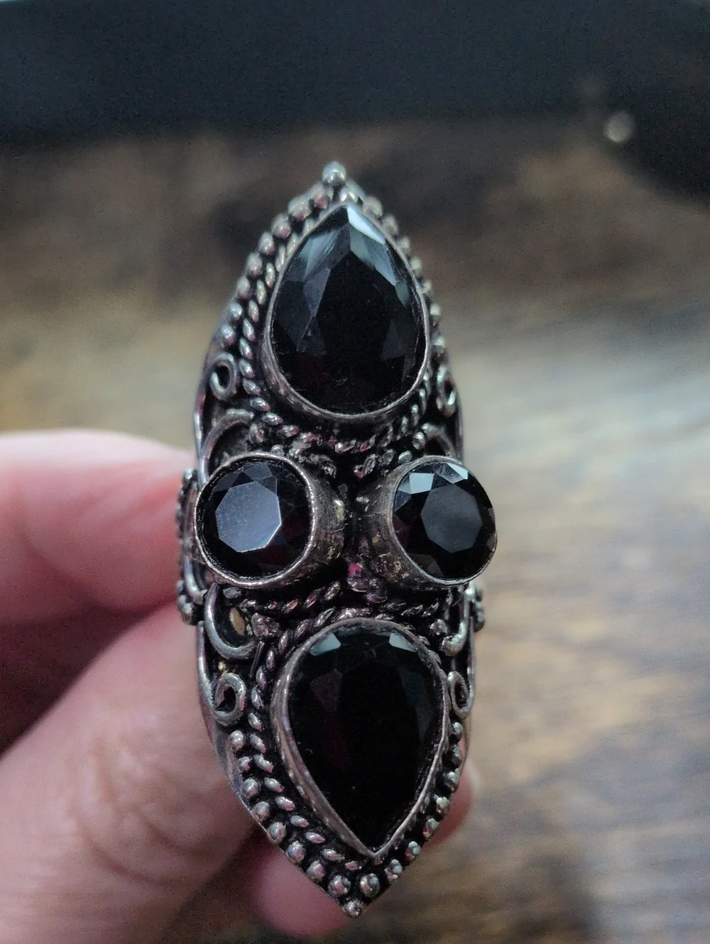 Black Onyx Gemstone Teardrop Statement Ring